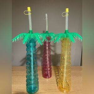 Palm Tree Water Bottles with Straws 14”  (Set of 3)